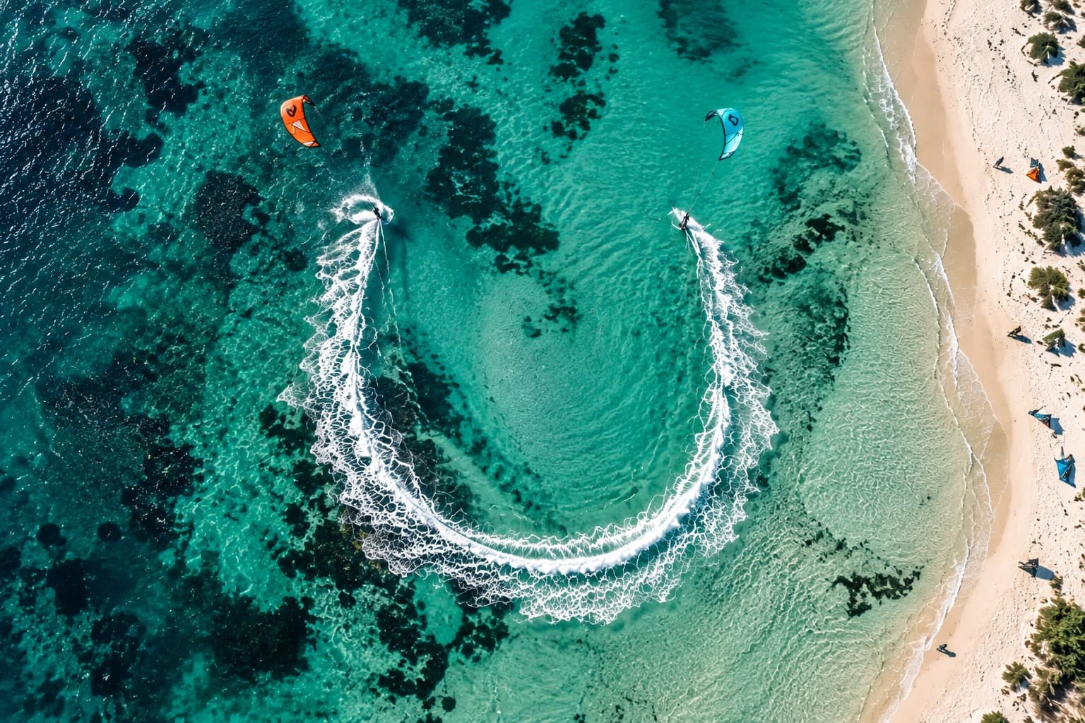 Vista aérea de dos kitesurfistas cuya estela de espuma dibuja una U sobre el agua turquesa