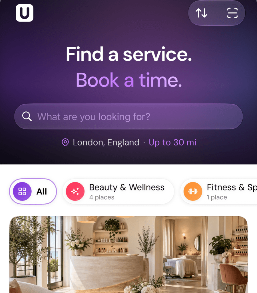 Der Bildschirm „Entdecken“ der Umovi App mit Suchfeld und einem Ort in London