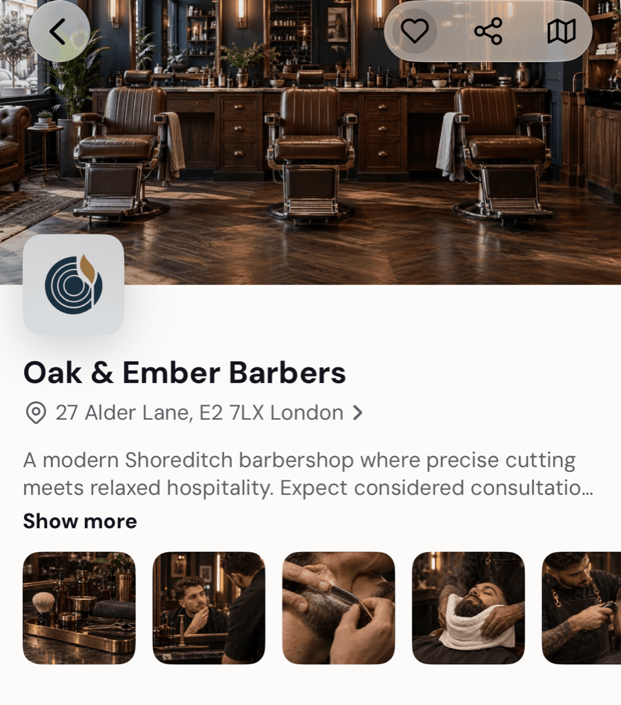 A barbershop’s page in the Umovi app with its address, description and photos