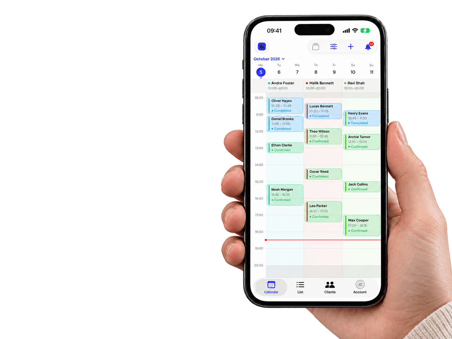 A hand holding an iPhone with the Umovi Calendar team schedule