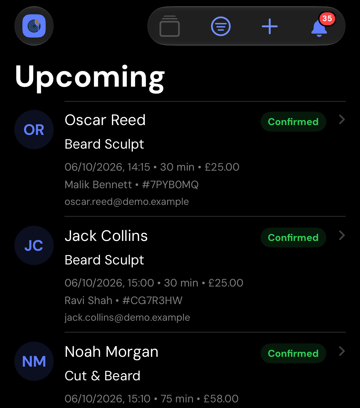 A list of upcoming bookings with client, service, time and status
