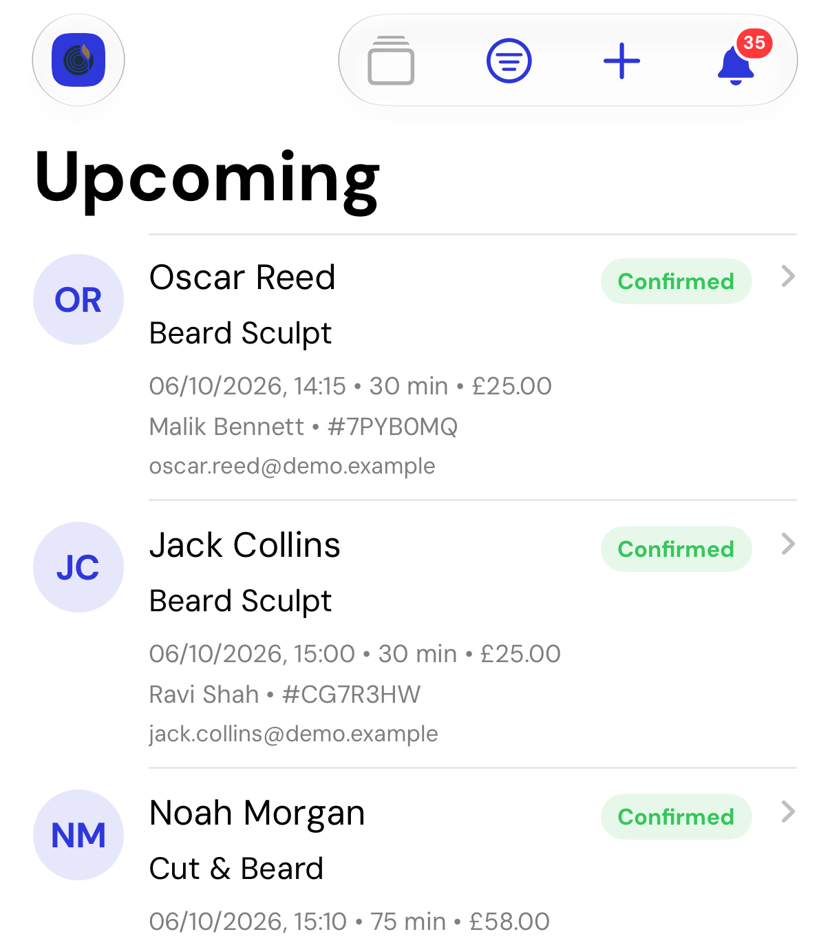 A list of upcoming bookings with client, service, time and status